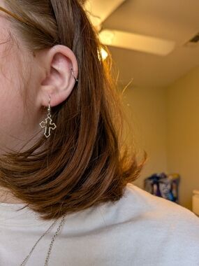 Silver Cross Drop Earrings - Women's Religious Jewelry